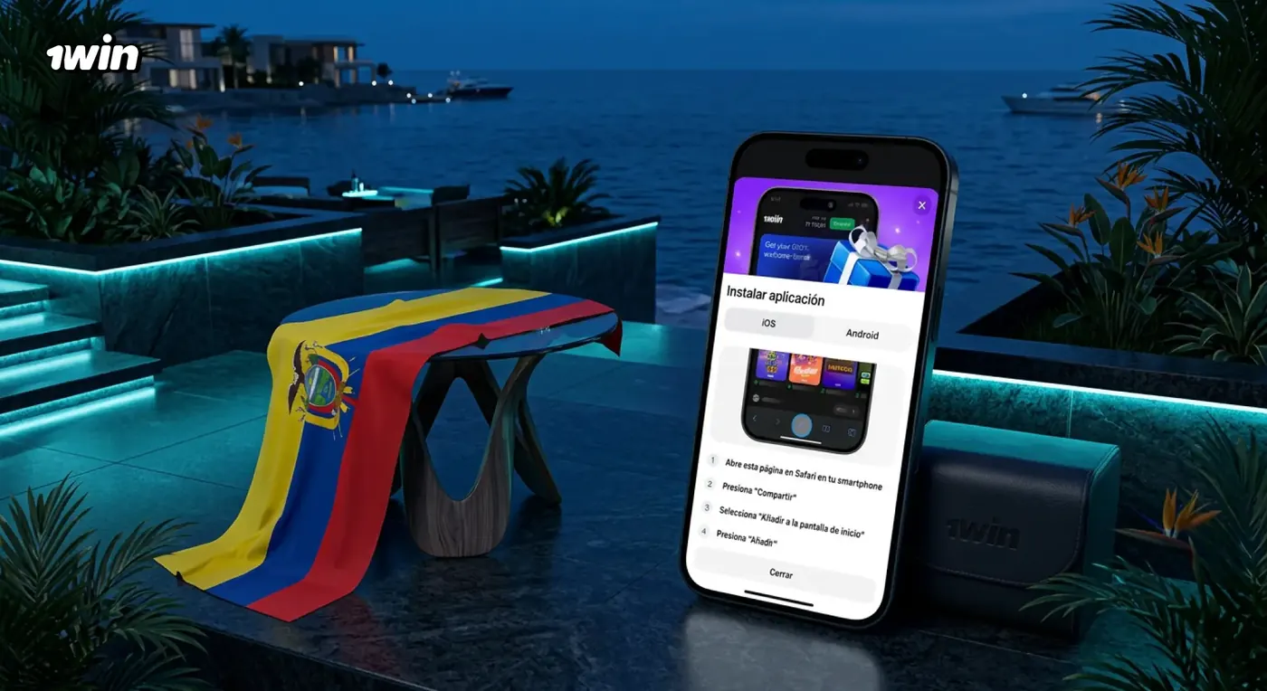 Celular con las instrucciones para instalar la app de 1win sobre una terraza frente al mar, con una bandera de Ecuador