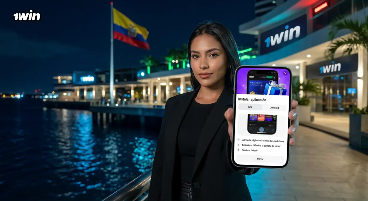 Mujer con blazer negro mostrando en su celular las instrucciones para instalar 1win, junto a un muelle con la bandera de Ecuador