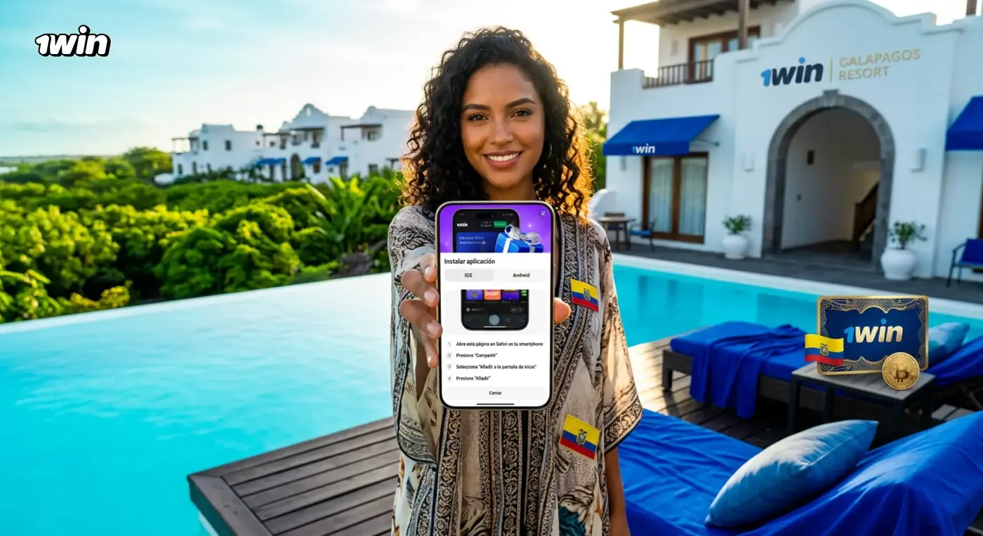 Mujer sonriente mostrando en su celular la instalación de 1win junto a una piscina en un resort, con banderas de Ecuador