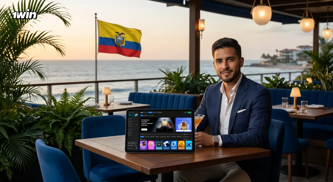 Hombre con traje azul junto a su laptop con el lobby de 1win en una terraza frente al mar, con la bandera de Ecuador