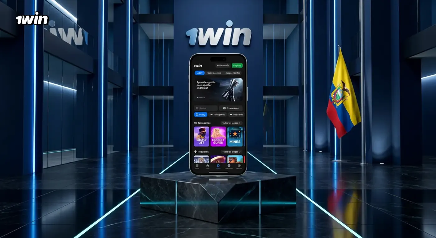 Celular con la app de 1win sobre un pedestal en una sala azul con el logo de 1win y la bandera de Ecuador