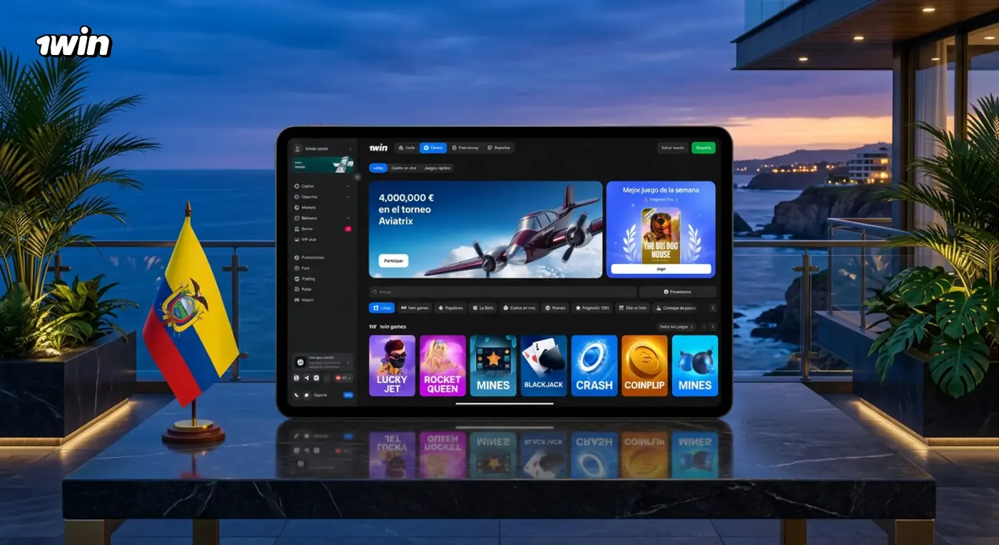 Tablet con el casino de 1win sobre una mesa en una terraza frente al mar al atardecer, con la bandera de Ecuador