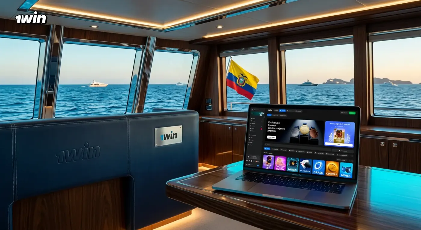 Laptop con la web de 1win en el interior de un yate, con vista al mar y la bandera de Ecuador
