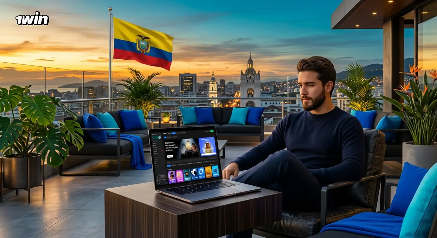 Hombre con una laptop con la web de 1win en una terraza sobre la ciudad al atardecer, con la bandera de Ecuador